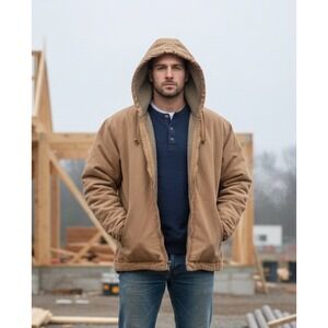 DieHard Mens 2XL Work Jacket Tan Cotton Canvas Hooded Sherpa Lined Full Zip Coat